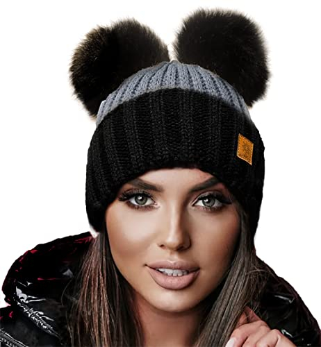 4sold Miki Farbe Damen Wintermütze Wolle Strickmütze Mit Doppelten Pom Pom Cap Ski Snowboard Bobble (Dark Grey)