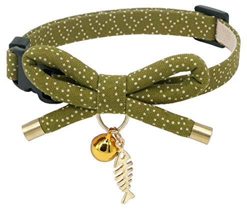 PetSoKoo Katzenhalsband mit Schleife und Glöckchen Japanischer stilvoller Bowknot und Fisch-Anhänger Sicherheitsverschluss, weich, leicht, für Mädchen, Jungen, männliche Katzen, Kätzchen, Grün