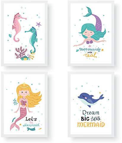 Papierdrachen 4 Kinder Premium Poster DIN A4 | Wandbilder für Kinderzimmer - Meerjungfrau - hochwertige Kunstdrucke | Dekoration | Wandbild Set