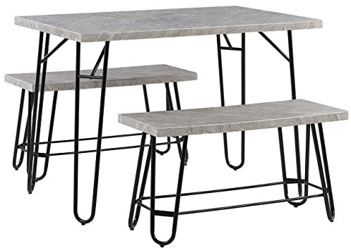 Beliani Essgruppe grau Marmor Optik Tisch mit 2 Bänken Industrie Look Kempton