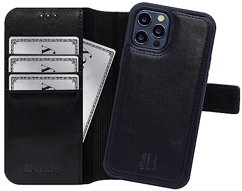 Burkley 2in1 Leder Handytasche für iPhone 12 / iPhone 12 Pro Handyhülle mit herausnehmbarem Back Cover, 360° Schutz (Schwarz)