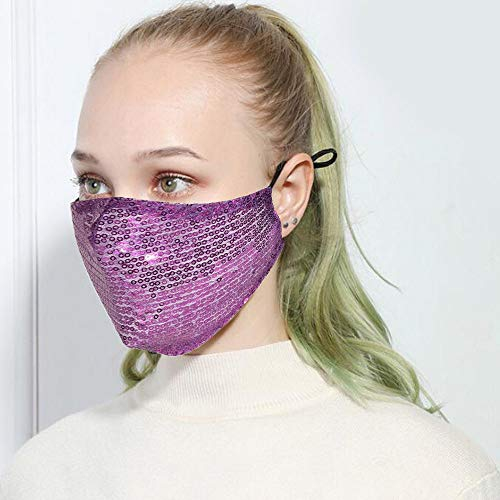 Yheakne Pailletten-Bling Anti-Staub-Mundschutz mit verstellbaren Ohrschlaufen, Umhängeband, Clip, für Damen, glitzernd, dekorativer Stoffbezug, waschbar, wiederverwendbar (lila)