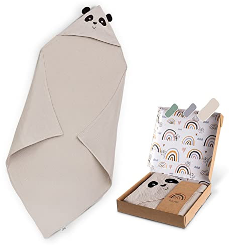 Räuberella® Panda-Kapuzenhandtuch Baby in Beige I 80x80cm I Musselin-Badetuch-Baby aus 100% Bio-Baumwolle I Saugfähiges Babyhandtuch mit Kapuze I Badehandtuch inkl. Geschenkverpackung