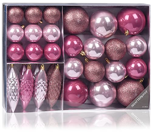 com-four® 31-teiliges Set Hängedeko Weihnachten - Christbaumkugeln und Tannenbaumzapfen aus bruchsicherem Kunststoff für Weihnachten - Christbaumschmuck (pink/rosa - 31-teilig)