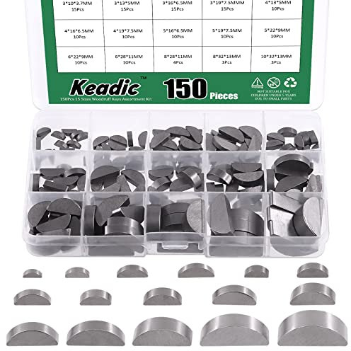 Keadic Set di 150 chiavi per Woodruff di 15 dimensioni metriche, in acciaio al carbonio, mezza luna, trasmissione semicerchio, puleggia, manovella, accessori hardware per elementi di fissaggio per