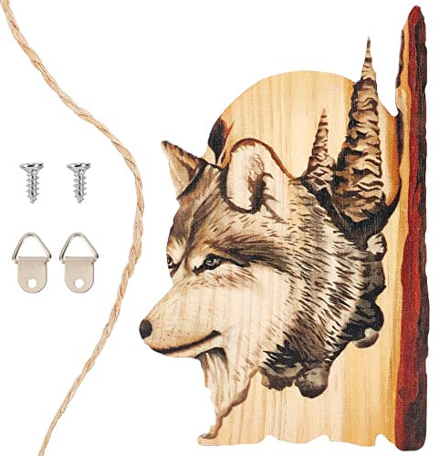 CREATCABIN Wolf Animal Carving Handcraft Wood Wall Hanging Sign Rustic Carved Wooden Plaque Wall Art Gift for Farmhouse Home Decor Office Bar Pub Decoration 4.92 x 7.52inch