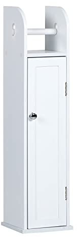 Unibos Free Standing Toilet Roll Holder Cabinet, Wooden Grey/White Bamboo Toilet Roll Storage Unit with Shelf (White)