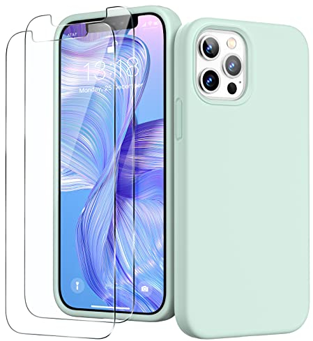 GOODVISH 3 in 1 Designed for iPhone 12 Case, iPhone 12 Pro Case with 2 Screen Protector, Liquid Silicone Soft Phone Case Microfiber Lining Shockproof Full Protection Cover 6.1inch, Turquoise Green