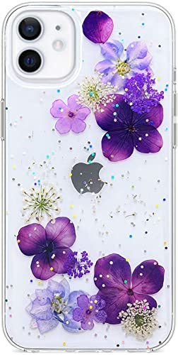 Abbery Klar Handyhülle Kompatibel mit iPhone 11 Hülle Blumen,Durchsichtig Glitzer Transparente Weich TPU Echte Getrocknete Blumen Handarbeit Frauen Mädchen Geschenk Stoßfeste Schutzhülle (Traubenlila)