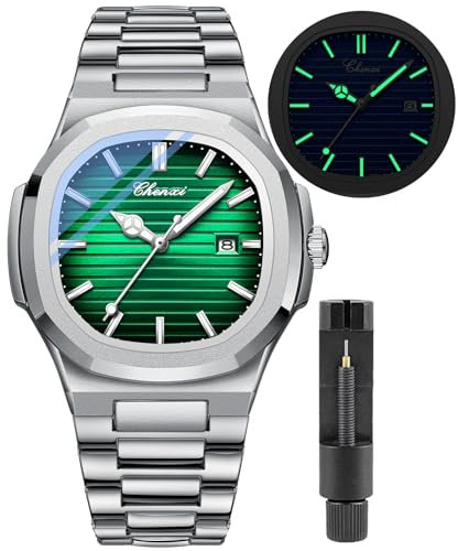 Gosasa Modische Herren-Armbanduhr, Datum, Business-Uhr, Edelstahl, luxuriöser Stil, leuchtend, Quarz, wasserdicht, Analoganzeige, männliche Armbanduhr, A-grün, modisch