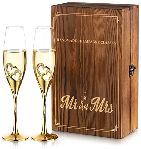 NUPTIO Hochzeitssektgläser für Brautpaar Gold: Set mit 2 Kristall Gläser Geschenksets Hochzeitsgeschenk Goldene Paar für Paare Verlobung Jubiläum Brautduschen Anstoßen, Mit Geschenkbox aus Holz