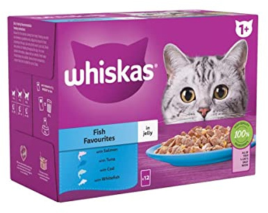 whiskas 1+ Fish Favourites Adult Wet Cat Food Pouches in Jelly, 12 x 85g