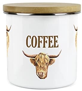 Purely Home Highland Cow Coffee Canister - White Metal Enamel Kitchen Food Storage Container