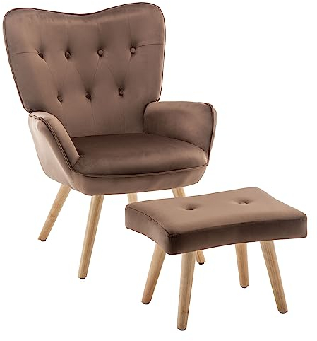 HollyHOME Ohrensessel mit Hocker Sessel mit Hocker Sessel Wohnzimmer & Schlafzimmer Samt Relaxsessel Lesesessel Lounge Sessels Armlehnensessel, Braun