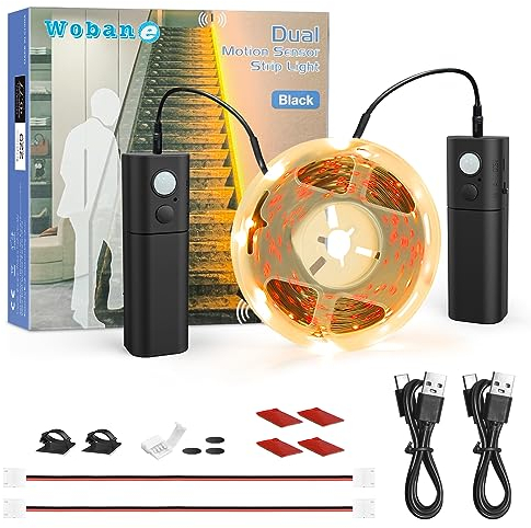 WOBANE Treppenbeleuchtung mit 2 Bewegungsmelder,Wiederaufladbares LED Band,LED Sensor Licht,Warmweiß Nachtlicht für Flur,Küche,Schrank,Bett,Schlafzimmer,Schwarz