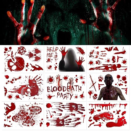 Halloween Blutige Aufkleber,Halloween Fensterbilder,9 Stück Handabdrücken Fußabdruck Bloodstains Horror Sticker,Halloween Aufkleber Set für Spukhaus Scary Party Fenster Badewanne Dekoration,20 x 30cm