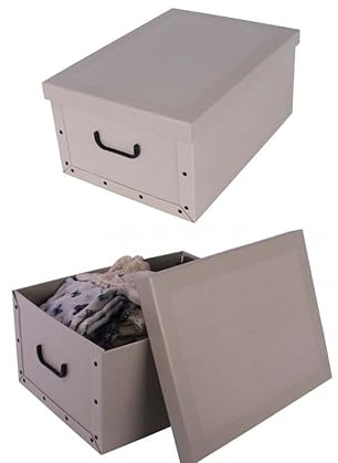 Kreher® 2 Stück Aufbewahrungsbox mit Deckel, Deko Papp-Karton, Stapelbox, 45 Liter mit Griffen, 51 x 37 x 24 cm (Klassisch Beige-Weiß)