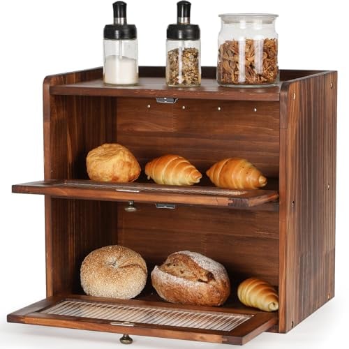 Sunhoo Bread Box for Kitchen Countertop Wooden Bread Storage Container Bin 2 Layer Breadbox Holder Large Capacity Keeper Vintage Farmhouse Food Organizer Pantry Shelf Acrylic Window (Brown)