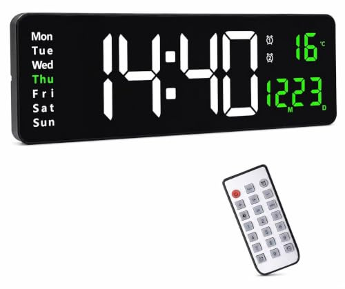 Morwealth Reloj de pared digital de 16 pulgadas, reloj de pared LED grande, pantalla digital, con mando a distancia, pantalla grande, hora y cuenta atrás con fecha/semana/temperatura para dormitorio,