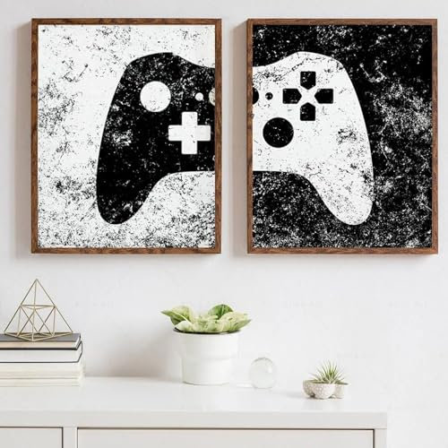 KemneT Vintage Gamepad Tela Quadri Parete Arte Nero e Bianco Joystick Poster Stampe Parete Quadro Giocatore Regalo Bambini Camera Casa Decorazioni 30x50 cmx2 Senza cornice