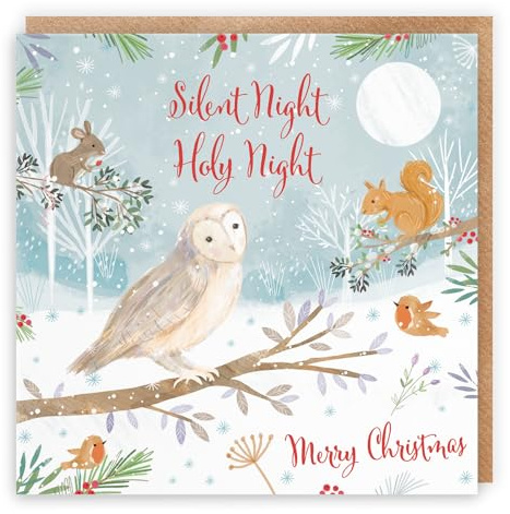 Hunts England Weihnachtskarte mit niedlicher Eule, Motiv: Stille Nacht, Heilige Nacht, Naturschätze – religiöse Weihnachtskarte – Rotkehlchen, Maus, Eichhörnchen – christlich – Christentum