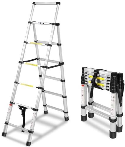 SUBTLETY Scala telescopica da 1,7 + 2 m, in alluminio, antiscivolo, pieghevole, 5 + 6 gradini, telaio ad A, multiuso, capacità di carico 150 kg per la manutenzione dell'alloggiamento