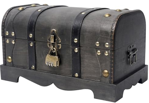 DECOR4SEASON Vintage Wooden Treasure Chest Decorative Box with Lock - 12.2 x 7.1 x 7.1, Black