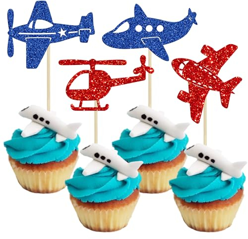 Gyufise 24Pcs Airplane Cupcake Toppers Glitter Aircraft Plane Cupcake Picks Airplane Cake Toppers for Airplane Theme Party Birthday Cake Decoration Supplies