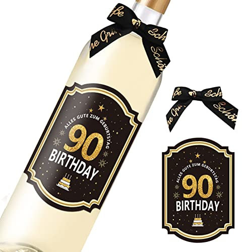 90. Geburtstag Flaschenetikett mit Schleife Schwarzes Gold Lack veredelt 8,5x10,5cm Happy Birthday 90 - Geburtstagsdeko Geburtstagsgeschenk Geschenke für Frauen Männer