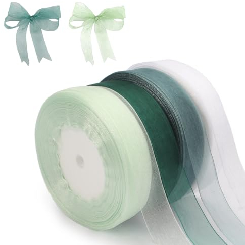 4 Rollen 45m Organzaband, 20mm Breit Geschenkband Weiss, Aqua Grün, Wald Grün, Salbei Grün, Transparentes Organza Bänder Geschenkband,Schleifenband,Dekoband für Geschenkverpackung Hochzeitsdekoration