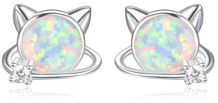 TANGPOET Katze Ohrringe Stecker für Damen Mädchen Kinder Silber 925 Weiße Opal Saturn Ohrstecker Katzen Schmuck Cat Earrings Geschenke für Katzenliebhaber für Weihnachten Geburtstag