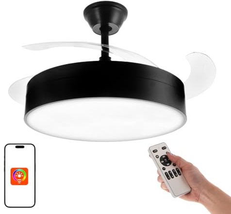 M mimotec - Ventilatore da Soffitto con luce Led Messe 72W Nero, Telecomando e controllo dall'app, 6 velocità, Silenzioso, 4 Pale retrattili, funzione estate-inverno, timer, 3 tonalità.