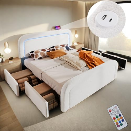 Sapgaks Lit 160x200 avec sommier et USB et LED,lit Coffre tiroirs 160x200,lit 2 Personnes avec Rangement,Cadre de lit avec Fonction de Chargement,lit Double rembourré,sommier à Lattes en Bois,Blanc