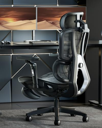AutoFull G5 Ergonomischer Bürostuhl mit 4D-Lendenstütze & 360°-Armlehnen | Netzrücken + Fußstütze | Atmungsaktive Sitzfläche (Silber)