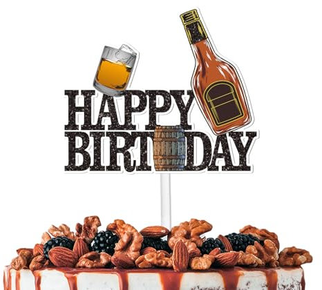 Black Glitter Happy Birthday Cake Topper Cheer to Whiskey Theme Party Decoration Supplies Men Women Happy Birthday Anniversary Wedding Party Decor Supplies