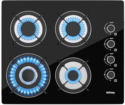 IsEasy Gas Hob 4 Burners - Glass Gas Hob Black Plug in NG/LPG Gas Hob, 7800W 4 Cooking Areas Built in Glass Cooktop Hob 60cm with Cast Iron Pan Support, Thermocouple Protection, Integrated Ignition
