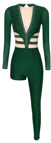 TiaoBug Damen Langarm Gymnastikanzug Glitzer Turnanzug mit Lange/Kurze Hose Ganzkörper Body Mesh Spleiß Ballettanzug Ballett Trikot Ballettkleidung Grün XL
