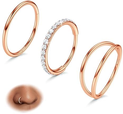 BodyBonita 3 Stück Nasenpiercing – 316L Edelstahl Doppelt Reifen Nasenring 20G CZ Septum Piercing Helix Conch Tragus Daith Ohrring lippenpiercing Schmuck Hypoallergen Frauen Männer Roségold 9mm