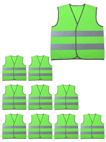 Adigau 10 Stück Warnweste mit reflektierenden Streifen füR Kinder Warnweste V-Ausschnitt Warnweste füR Outdoor-Aktivitäten 10er Pack Grün S