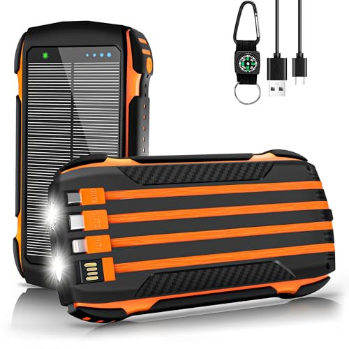 56800mAh& 65W Solar Power Bank Large Battery Pack, Fast Charging Portable Charger, 7 Charging Ports Power Pack with Flashlight, Outdoor Waterproof Solar Charger Built-in 4 Cables for iPhone Android