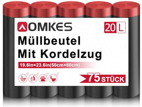AOMKES Müllbeutel 20l mit Zugband Schwarz Mülltüten 75 Stück Müllsäcke mit Kordelzug Küchen Abfallsäcke