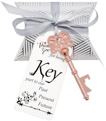 Key Bottle Opener Wedding Favour: 50pcs Vintage Skeleton Party Gift Set with Candy Boxes, Ribbons and Thank You Cards for Guests, Celebrations, Birthday, Baby Showers, Anniversary (Rose Gold)