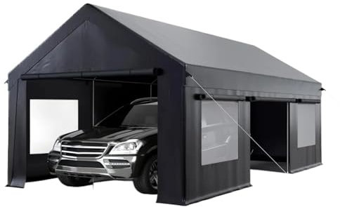 QIUYMGFG Auto-Markise Carport 12' X 20' Hochleistungs-Traggarage, Carport-Überdachung mit seitlich öffnender Tür und Rollfenstern Carports