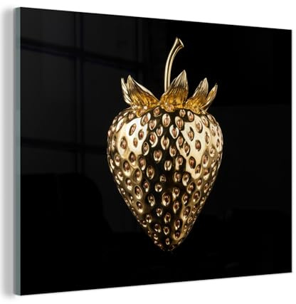 MuchoWow© Glasbilder Wohnzimmer Deko Modern Wandbild Kunstdruck auf Glas | 80x60 cm - Bild Schlafzimmer über Bett Room Decor Geschenke Erdbeere - Gold - Schwarz - Chrom