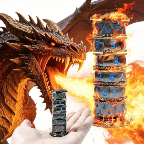 Metall DND Würfel, Drehbarer Polyedrischer Würfelturm aus Zinklegierung | 7-in-1 Fidget Dice Set mit D20 D12 D10 D% D8 D6 D4 für Dungeons and Dragons, Rollenspiele, Tabletop und Brettspiele (Blau)