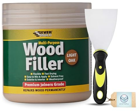 Ever Build Wood Filler Exterior Light Oak 250ml with 3 Flexible Tool | Premium Joiners Grade Oak Wood Filler | Waterproof Exterior Wood Filler for Indoor & Outdoor Repairs