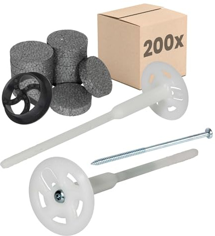 PROTEKTOR 200x Dämmstoff-Schraubdübel 200x Rondelle + 1 Fräser Ø8 x 200mm | WDVS Dübel für Fassadendämmung, für Wärmedämmverbundsysteme, für Styropor und Mineralwolle, Tellerdübel, Isolierdübel