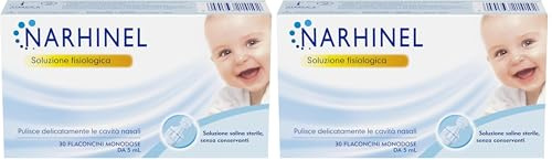 Narhinel Soluzione Fisiologica per Lavaggi Nasali, Soluzione Salina Isotonica, Detersione Delicata in Caso di Naso Chiuso, Pacco da 60 Flaconcini Monodose da 5 ml