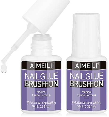 AIMEILI 2pcs Brush on Nail Glue, Super Strong Adhesive Ultra Bonding, Odorless Gentle Long Lasting Water Resistant Glue for Press Ons & Nail Tips 10ML
