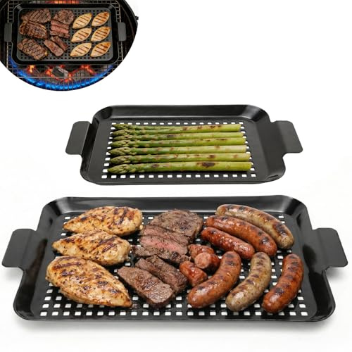 Grill Pan 2PCS - Grill Topper for Outdoor Grillling, Non-Stick Enamel Coating Grill Trays with Holes for Vegetable, Fish, Meat, Seafood